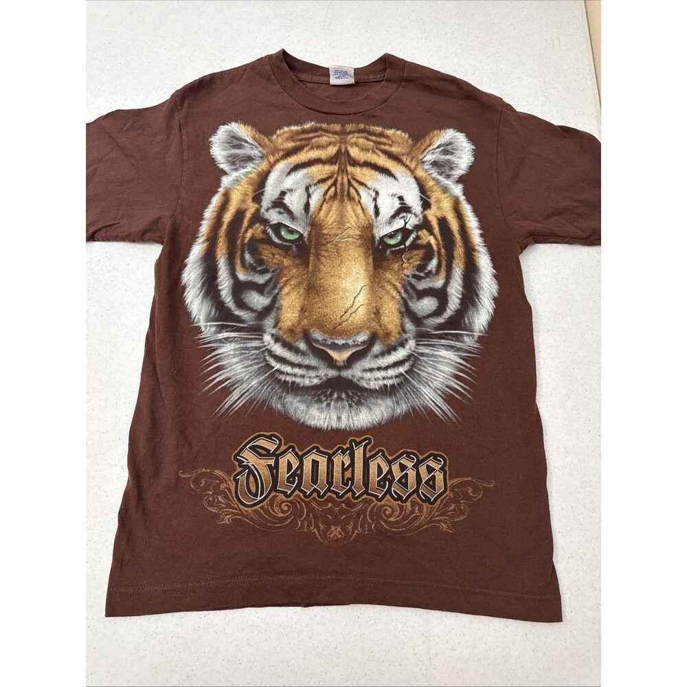 Vintage Brown Short Sleeve T-shirt Camiseta Screen Print The Tiger Fearless Med